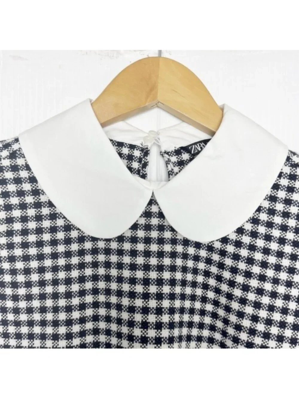 Zara Black and White Checkered Puff Sleeve shirt top w tweed fringed vest Small